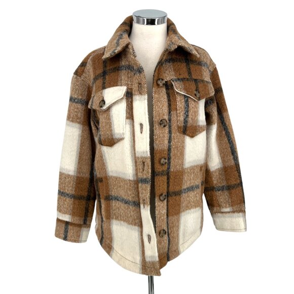 Avec Les Filles Plaid Shacket Jacket Button-Up Brown Cream Size Small - Picture 1 of 11